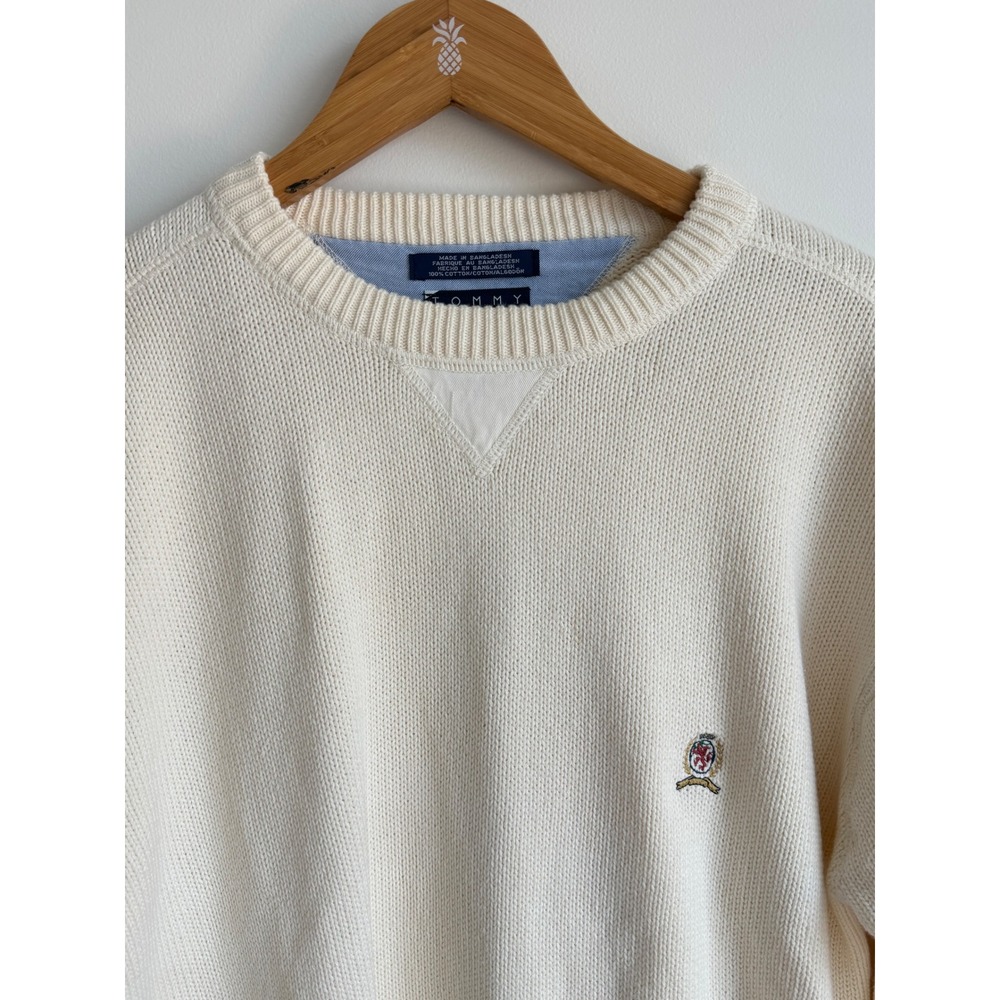 Tommy Hilfiger Sweater Cream Cotton Preppy Minimalist Crest Logo Mens L - Picture 3 of 8